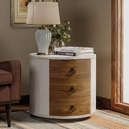 COSIEST 3 Drawer Chest of Drawers, 20 inch MDF Round Storage Cabinet, Retro Whitewash Finish Nightstand, Wood Bedside Table with Drawers for Bedroom Living Room