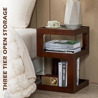 CozyDH 3-Tier End Table No Assembly Required, Modern Side Table 3-Tier Wood Nightstand for Small Spaces with Open Storage, Walnut Bedside Table for Bedroom