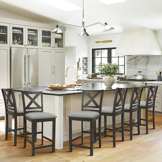Upholstered Counter Height Bar Stools Set of 6, Modern Kitchen Island Barstools Chairs with Cross Back and Wood Legs for Dining Room Bar, Dark Grey