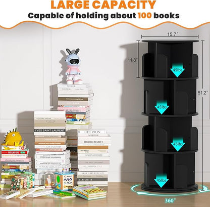 Rotating Bookshelf, Wood Corner Bookshelf, 360 Display Spinning Bookcase Storage Rack, 4 Tier Floor Standing Revolving Bookcase Narrow Book Shelf Organizer for Small Space, Bedroom, Black