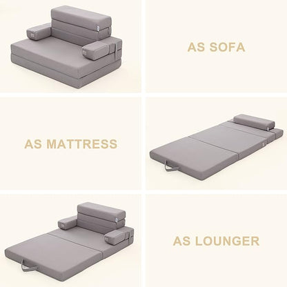 Sleep 4 Inch Foldable Mattress, Portable Floor Mattress Couch with Headrest, Washable Cover, Foldable Foam Couch Queen for Guest Bed, Folding Sofa Bed, Camping, Road Trip, Dark Grey