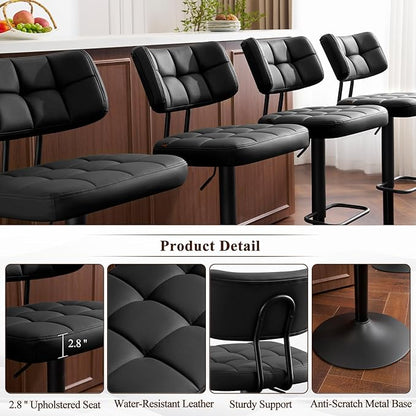 Furniliving Upholstered Bar Stools Set of 4, Faux Leather Swivel Bar Stools with Back, Adjustable Counter Height Barstools for Kitchen Island, Dining Space, Black