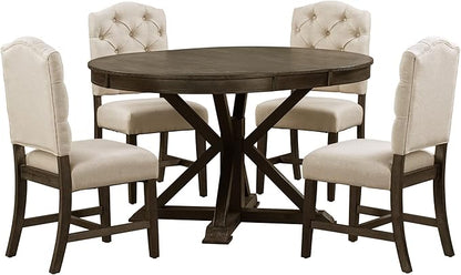 SogesPower 5-Piece Retro Dining Table Set, Round Farmhouse Kitchen Table Set for 4, Space-Saving Kitchen Table Set with Extendable Table and 4 Upholstered Chairs for Dining Room Living Room,Espresso