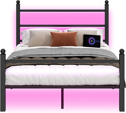 Queen Bed Frame with Headboard and Footboard,Steel Slats Support-LED Bed Frame with USB Charging Station,Mattress Foundation-Under Bed Storage,No Box Spring Needed,Noise Free,Black