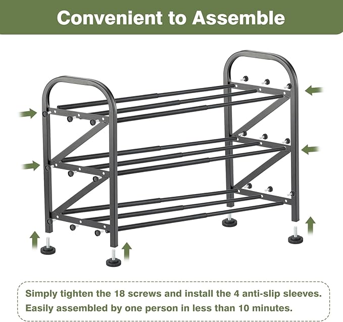 3-Tier Shoe Rack for Closet, 16"-33" Expandable ShoeRackAdjustable for Entryway Closet Doorway SturdyMetal, Black