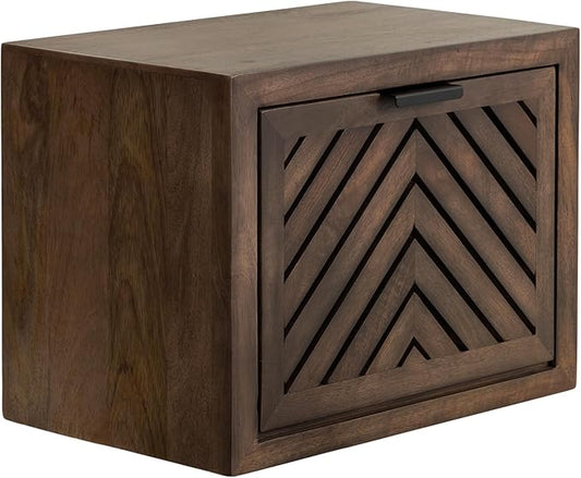 Kate and Laurel Mezzeta Modern Floating Shelf Side Table with Storage Cubby; 16 x 10 x 12; Natural Wood; Decorative Slatted Wood Floating Nightstand with Pull Down Door for Use as Bathroom Storage