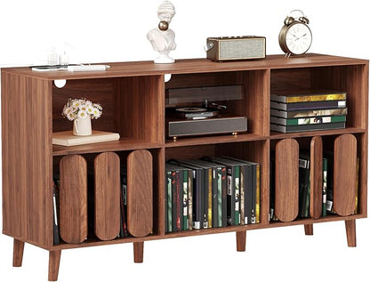 Large Record Player Stand, Record Player Table Vinyl Record Storage Holder Records Cabinet Organizer with Power Outlet for Living Room, Walnut