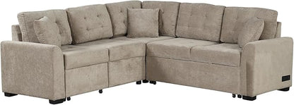 82" Convertible Sleeper Sofa with Pull-Out Bed,L-Shape Chaise Couch W/USB Ports & Power Sockets,Space Saving,Easy Assembly,Modern Corner Reversible Furniture Set for Living Room,Khaki Velvet
