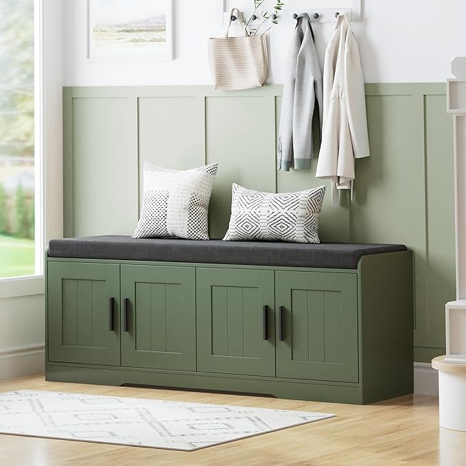 2-Tier Storage Bench, Shoe Bench with Thickened Padded Seat Cushion, Entryway Bench with 4 Doors, Adjustable Shelf, 13.8" D x 45.3" W x 18.5" H, for Entryway, Living Room, Bedroom, Green