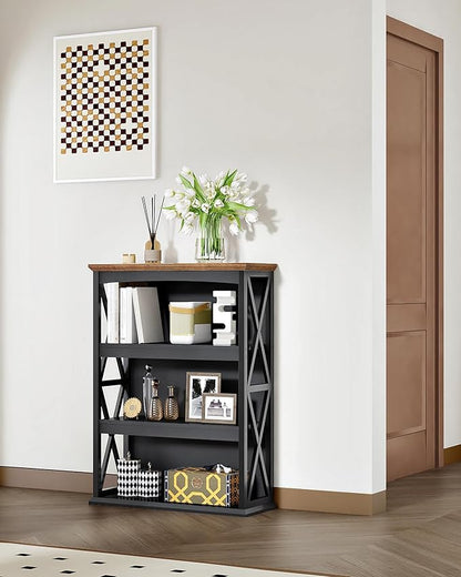 4-Tier Bookcase, 42.9" Floor Standing Organizer Shelf, Corner Book Stand, Metal Frame, for Study, Bedroom, Living Room, Black and Walnut TSJ01BL