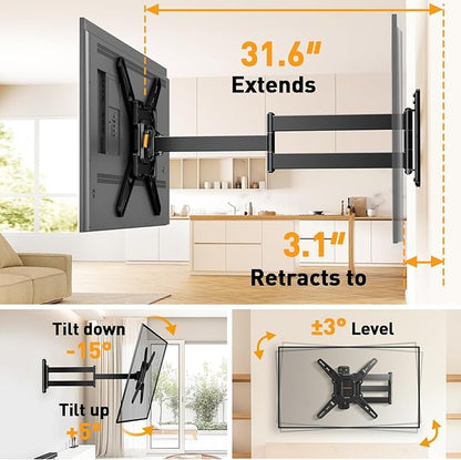 Perlegear Long Arm TV Wall Mount for 26-65 inch TVs up to 100 lbs, Corner TV Mount Bracket with 31.65” Extension, Swivel, Tilt Articulating Arms, Full Motion Wall Mount, Max VESA 400x400mm PGMF25B