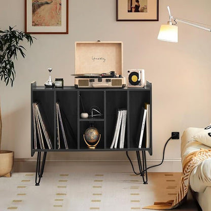 Large Record Player Stand with Vinyl Storage, Black Record Player Table with Power and USB Port, Holds Up to 200 Albums, Turntable Stand with Record Storage, Vinyl Record Player Storage Cabinet