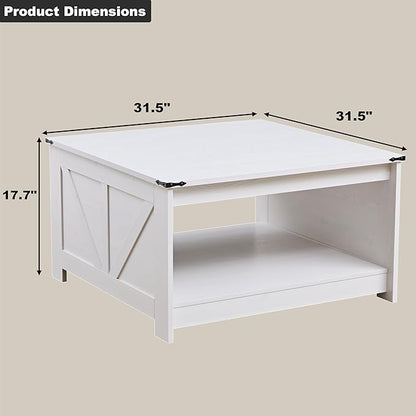 Farmhouse Coffee Table for Living Room, Wood Square Coffee Tables, 31.5" W x 31.5" D, White