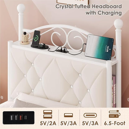 Keyluv Twin Upholstered Canopy Bed Frame with Drawer & Crystal Tufted Storage Headboard Metal Platform Bed with Charging Station & 4 Removable Posts No Box Spring Needed Curtain Not Included, Beige