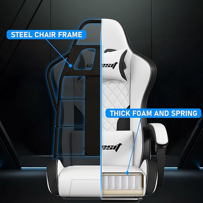 Gaming Chair,Ergonomic Computer Chairs for Adults with Footrest, PU Leather Office Chair with Adjustable Lumbar Support & Pocket Spring Cushion - Heavy Duty 400lb Capacity Gamer Chair (White)