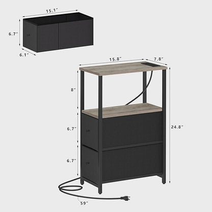 TUTOTAK Small Narrow End Table with Charging Station, Set of 2, Side Table with Outlets, Nightstand with 2 Cloth Drawers, Couch Table, for Living Room, Bedroom, Bedside, Greige TB01BG055