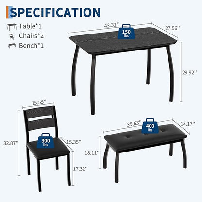 4 Piece Farmhouse Dining Table Set for 4, Space Saving Rustic Kitchen Table with 2 Padded Chairs & Bench, Small Breakfast Nook Furniture Set for Dining Rooms, Apartments, Black