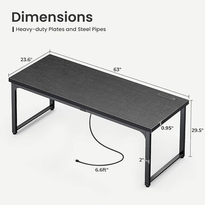 Huuger 63 x 24 inch Desk with Power Outlets & USB-C, Deeper & Thicker Desktop, Robust Metal Tubes, Computer Desk, Heavy Duty Office Desk, Work Gaming Desk, for Home Office, Black