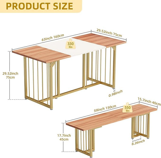 DWVO 3-Piece Dining Table Set for 6-8 People 63" Kitchen Table with 2 Benches Rectangular Farmhouse Dining Room Table Set for Home Kitchen Restaurant Apartment Walnut