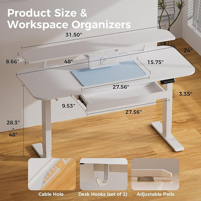 COMHOMA Electric Standing Desk with Drawers, 48 x 24'' Sit Stand up Desk with Monitor Stand, Laptop Stand, Height Adjustable Ergonomic Home Office Computer Desk with Memory Preset Controller