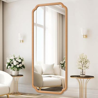 Natural Wood Framed Bathroom Mirror for Wall, 60X24 Inch Wood Bathroom Vanity Mirror Farmhouse, Large Rounded Rectangle Mirror, Tempered Glass, Hangs Horizontally or Vertically