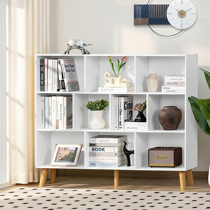 YAHARBO 10 Cube Large Bookshelf,3 Tier Bookcase with Legs,White Mid-Century Modern Bookshelves,Wide Free Standing Open Storage Organizer Shelf,Tall Wooden Book Case Furniture for Living Room,Office