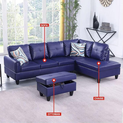 Blue L-Shaped 3-Piece Faux Leather Sofa with Storage Ottoman Set, Sectional Couch Sofa Set for Living Room, Office, Small Space