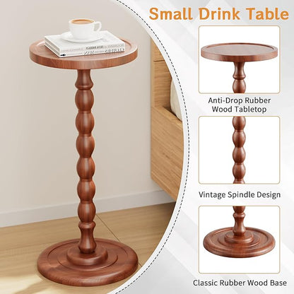 Solid Wood Drink Table, Rubber Wood‌ Small Round Side Table for Small Spaces, Martini Tables, Pedestal End Tables for Living Room, Bedroom, Corners, and Office (Light Walnut, 11.81inch)