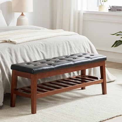 Upholstered Shoe Bench Entryway Bench for Bedroom, End of Bed, Ottoman Bench Tufted Padded Seat with Solid Wood Shelf for Living Room, Faux Leather Black