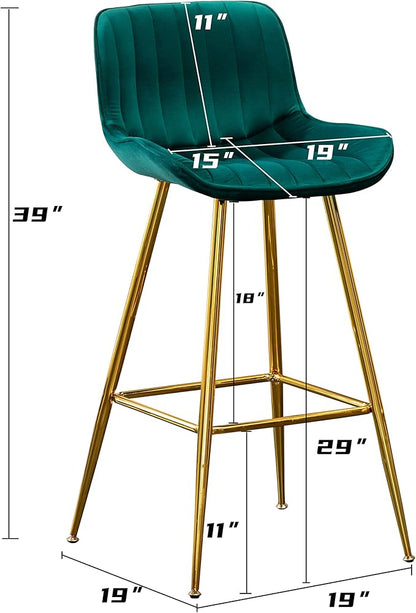 Sidanli Velvet Barstools Set of 2, Green Counter Height Bar Stools Set of 2 with Gold Legs, 29 inch Seat Height Comfortable Island Stools with Back