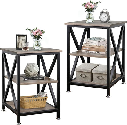 End Tables Living Room Set of 2, 16" D x 16" W x 24" H, Indoor Side Tables Living Room with Storage Shelf, Square End Table Set of 2, X-Shaped Night Stands for Bedroom, Farmhouse Wood End Tables, Grey
