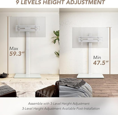 AX WABER Universal Floor TV Stand with Mount 70 Degree Swivel 9 Level Height Adjustable and Space Saving Design for Most 27 to 65 inch LCD, LED OLED TVs, Perfect for Corner & Bedroom White AX1006TW