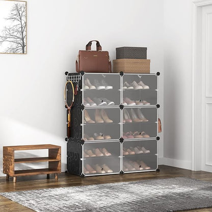 ROJASOP Portable Shoe Rack Organizer 6-Tier Shoe Cabinet 24-Pair shoe Storage Expandable Free Standing Stackable Space Shoe Rack with 2 exclusive Versatile Hooks for Bedroom Black