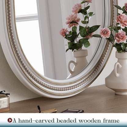 Boho Oval Mirror, 24" x 36" Farmhouse Antique Oval Bathroom Mirrors, Wooden Rustic Decorative Mirror with Beaded for Wall, Bedroom, Dining Room, Hallway, Vertical or Horizontal Hanging