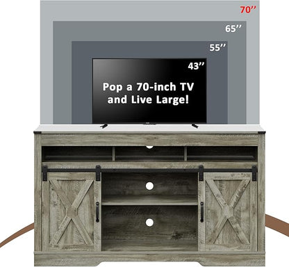 RoyalCraft Farmhouse TV Stand with Sliding Barn Door for TVs up to 65+ Inch, 34" Tall Entertainment Center, Wood Media Console Storage Cabinet for Bedroom, Living Room, Light Grey