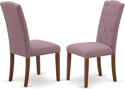 East West Furniture ESCE3-MAH-10 3 Piece Kitchen Table Set Contains a Round Dining Room Table with Pedestal and 2 Dahlia Linen Fabric Parsons Dining Chairs, 30x30 Inch, Mahogany