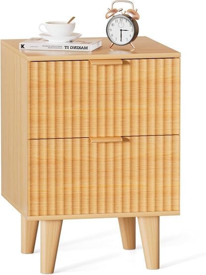 Urban Deco Fluted Nightstand with Storage, Mid Century Modern Nightstand, Wooden Side Table with 2 Fluted Drawers, End Table with Solid Wood Legs for Bedroom,15.4 x 15.4 x 22.8 in (Natural)