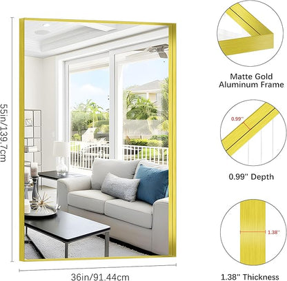 Gold Bathroom Mirror, 36x55 Inch Rectangular Deep Frame Mirror, Large Wall Mounted Bathroom Vanity Mirror Over Sink for Bedroom,Restroom, Living Room, Hangs Vertically or Horizontally