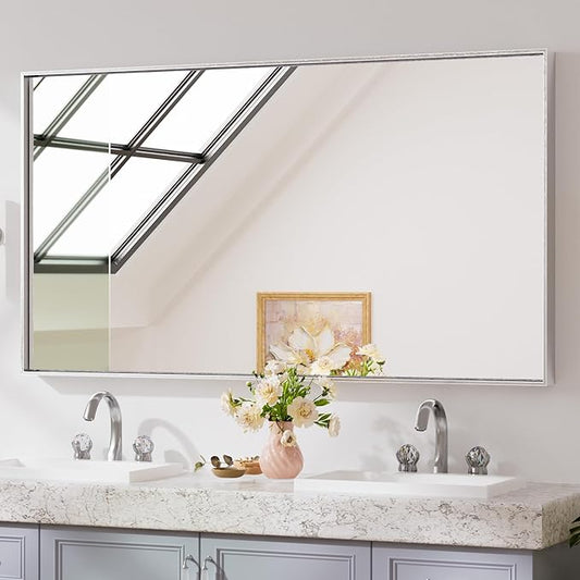 Keonjinn 55 x 30 in Brushed Silver Bathroom Vanity Mirror, Large Silver Framed Mirror for Over Sink, Metal Framed, Rectangle Square Corner, Modern Farmhouse Decorative(Horizontal/Vertical)