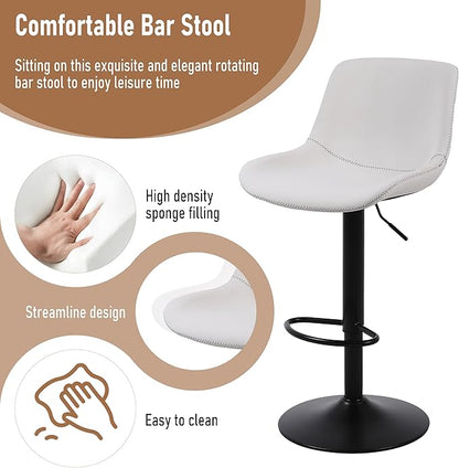 Bar Stools, Swivel Counter Height Barstools with Back, Adjustable Modern Bar Chairs, Tall Armless PU Leather Kitchen Island Stool (White, Set of 2)