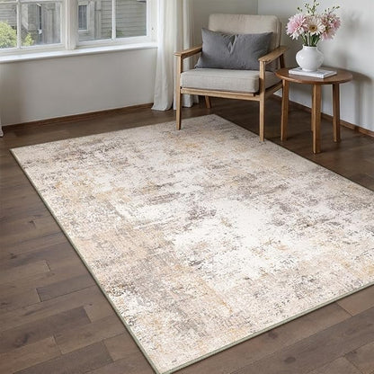 3x4 Washable Area Rug Beige Grey Neutral Abstract Entryway Kitchen Non Slip Low Pile Throw Rug Living Room Bedroom Indoor Doormat Small Soft Carpet for Entrance Bathroom