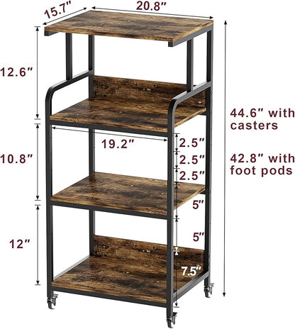 4 Tier Printer Stand with Storage Shelf, Large Tall Printer Table for Home Office, Movable Printer Cart with Industrial Wheels for Paper Shredder Scanner Fax Heat Press Small Space (Rustic Brown)