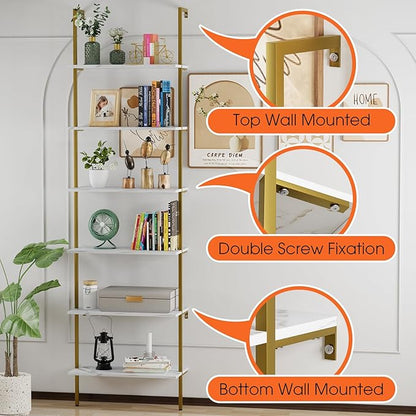 Ladder Shelf 6 Tiers Marble White Modern Bookshelf Open Tall Wall Mount Bookcase Standing Leaning Wall Shelves Industrial Decorative Living Room Bed Room