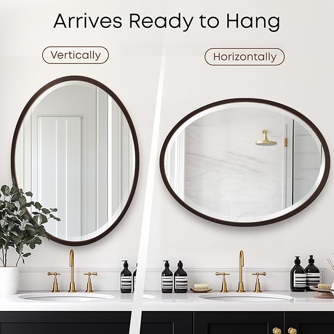 OVALCREST - Oval Wooden Beveled Wall Mirror for Home Decor, Bathroom, Vanity, Bedroom, Living Room, Hallway - London Style (Rubbed Bronze) 25.1 x 37.1