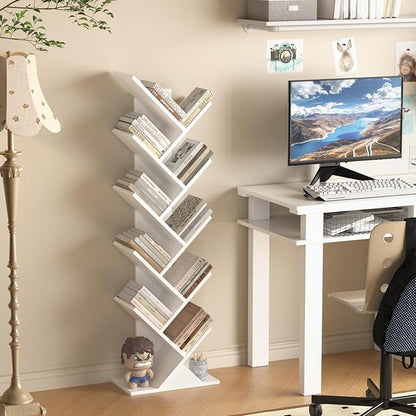 10 Tier Tree Book Shelf, Floor Standing Wood Bookshelf for Narrow Space, Storage Organizer Bookshelves for Books/CDs/Magazine, Bookcase with Shelves for Home Office, Living Room - White
