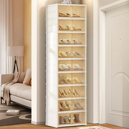 Foldable Shoe Organizer Storage Box, Portable Extra Large Folding Shoe Rack for Closet, Shoe Storage Box with Magnetic Transparent Door and Wheels, 9 Layers 18 Grids.