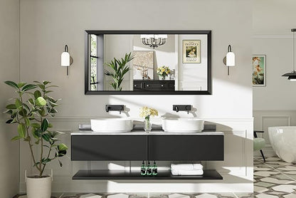 60x28 Inch Black Bathroom Mirror for Wall, Thick Metal Framed Rectangle Mirrors for Over Sink, Bedroom, Living Room, Entryway, Anti-Rust, HD Tempered Glass