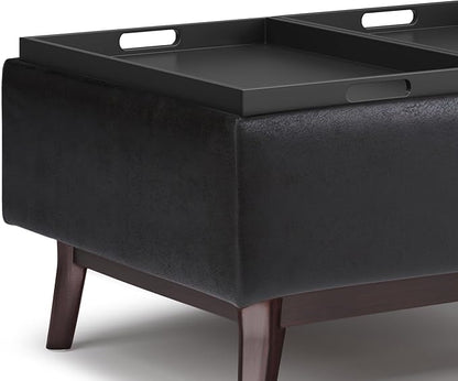 SIMPLIHOME Owen 34 inch Wide Mid Century Modern Rectangle Tray Top Small Coffee Table Storage Ottoman in Distressed Black Vegan Faux Leather, Assembled, for the Living Room, Entryway and Family Room