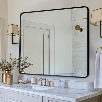Bathroom Mirror, 40" x 30" Wall Mirror, Rectangular Aluminum Alloy Frame Contemporary Hanging Mirror for Living Room Bathroom Entryway, Black Rounded Corner