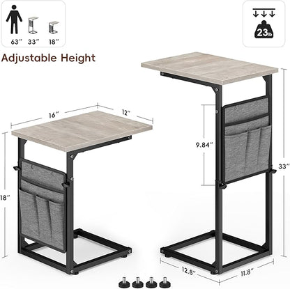 Vagusicc C Shaped End Table, 33" Tall Side Table for Couch, Adjustable Height Small Couch Side Table, Laptop Sofa Tables Slide Under Recliner Tables TV Tray Arm Tables for Living Room, Bedroom, Grey